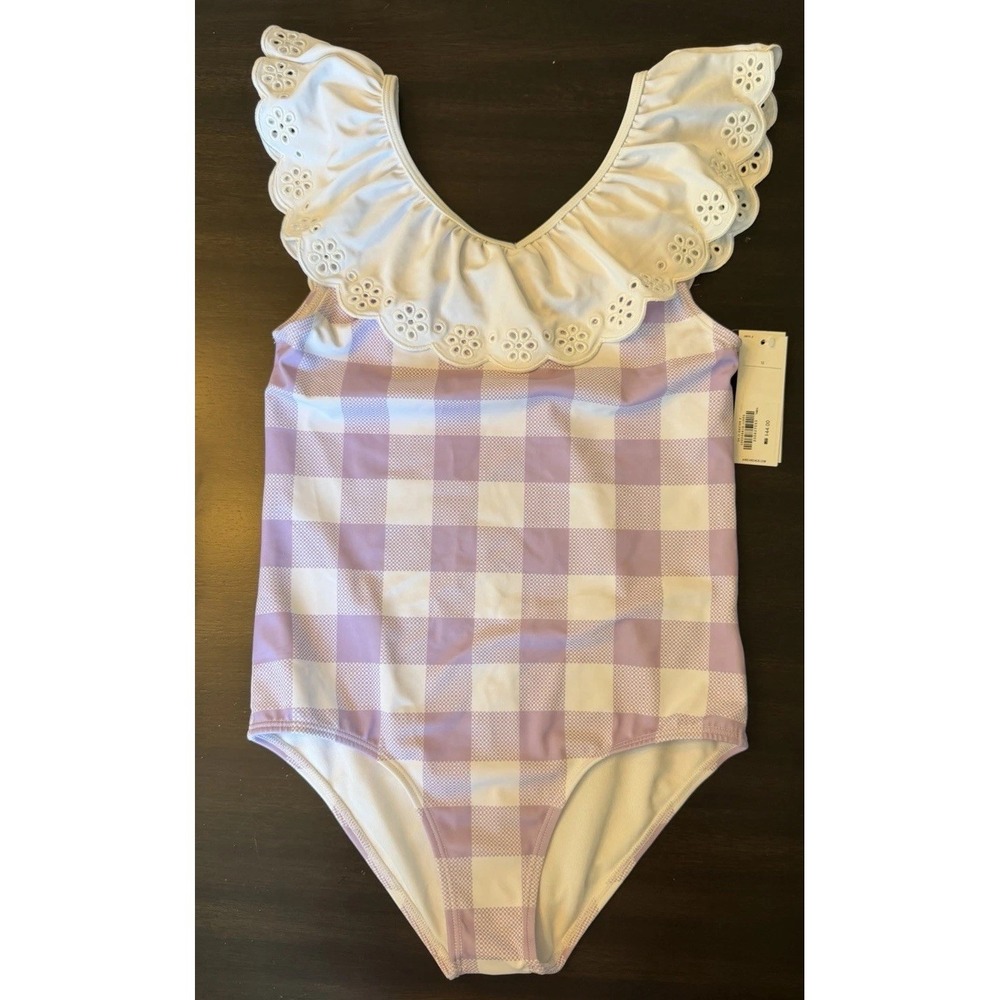 : Janie and Jack NWT Girls Easter Gingham Ruffle Swimsuit Purple White Size 12